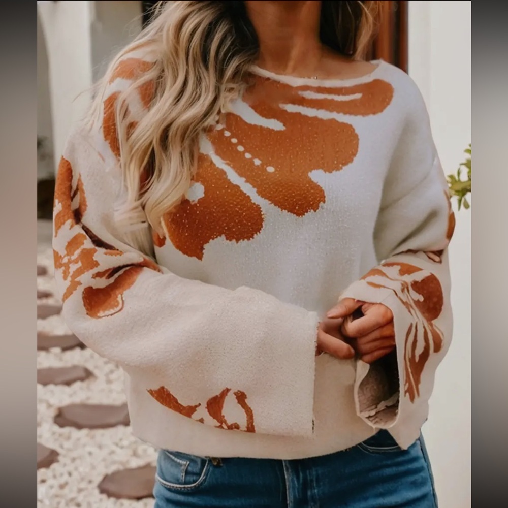 Floral Patterned Cream and Orange Sweater
